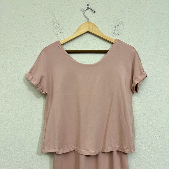 CUYANA Layered Shift Dress Dusty Rose Short Sleeve Knit Cotton Stretch - Picture 3 of 11